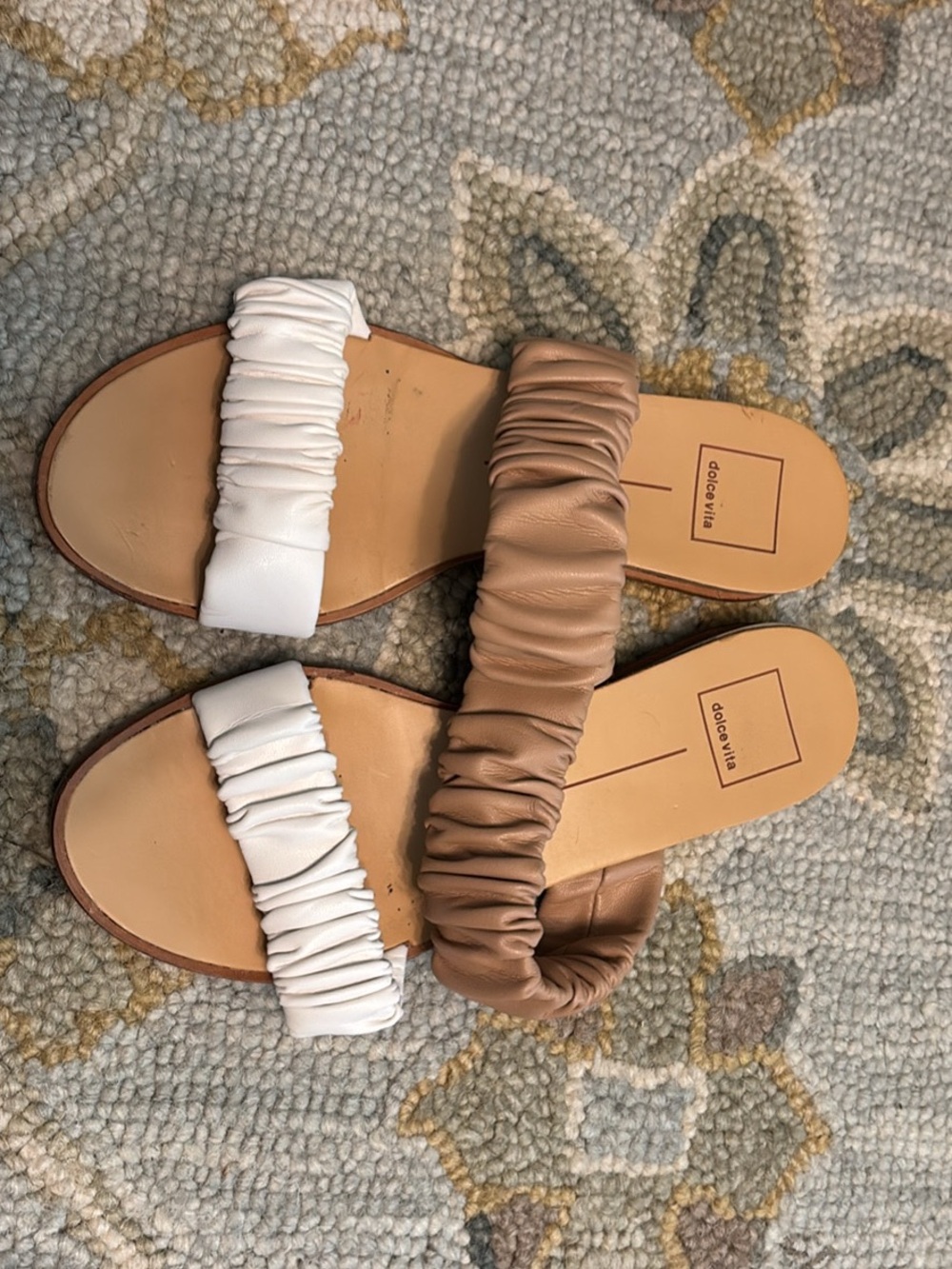 Dolce Vita Two-Band Ruched Slide Sandals in White and Tan